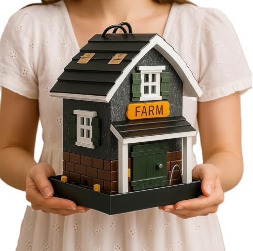 Birdfeeder for Outside, Hanging Bird Feeder for Outdoor, Decorative Colorful Bird House for Garden, Pole Post Mountable Birdfeeder, Solid Cedar Wood Longtime Weatherable (Farm House)