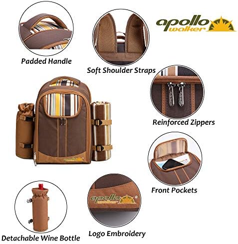 apollo walker Picnic Backpack Bag for 2 Person with Cooler Compartment, Detachable Bottle/Wine Holder, Fleece Blanket, Plates and Cutlery(2 Person, Brown)