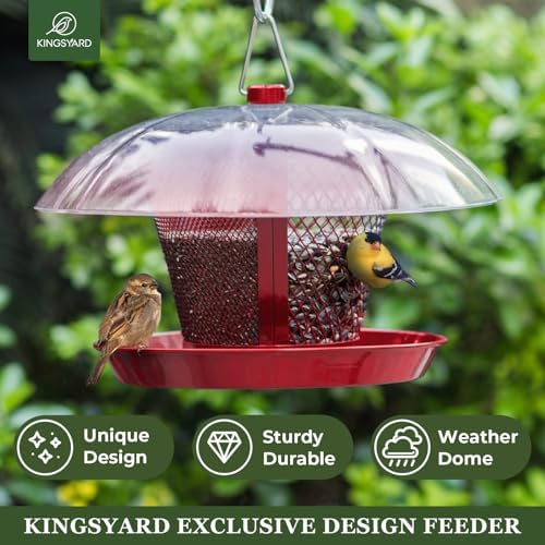 Kingsyard Bird Feeder for Outside, Dual-Use Metal Mesh Wild Bird Feeder with Weatherproof Dome Dual, 2.5 lbs Seed Capacity for Finch Cardinal