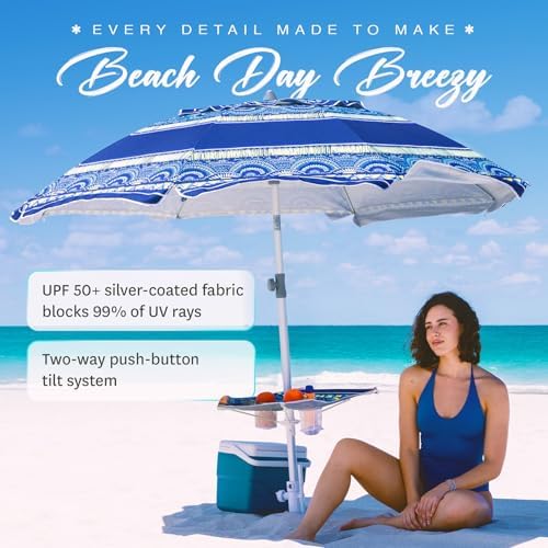 AMMSUN 7ft Heavy Duty High Wind Beach Umbrella with sand anchor, Built-in Table Tray & Tilt Pole, UPF 50+ Windproof Portable Outdoor Umbrellas Carry Bag for Patio Garden Pool Backyard stripe (Haute