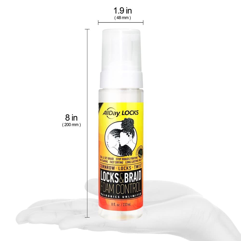 AllDay Locks Braid Foam | Long Lasting Mousse for Style & Shine | No Frizz or Fraying | Moisturizes & Seals Braids, Locks, Twists, Cornrows | 8 oz