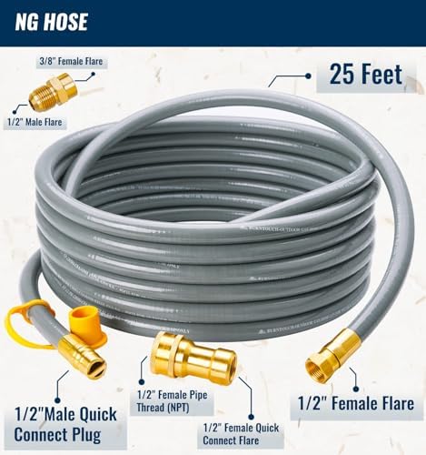 25 Feet 1/2 inch ID Natural Gas Grill Hose with Quick Connect Fittings, Natural Gas Line for Grill, Pizza Oven, Heater and More Low Pressure Appliance