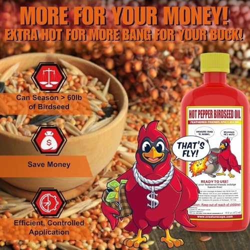 CreatureCops™ Spicy Squirrel Seed Sauce | All-Natural & Squirrel-Resistant Hot Pepper Bird Seed Oil | Flaming Hot Sauce - Seasons >60lb per 16oz Bottle