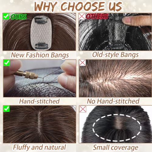 Amchoice Hair Toppers for Women Real Human Hair, Clip 360° 3D Cover, Human Toppers for Women Daily (Mocha Brown, 3D Wispy Bangs (5 * 9))