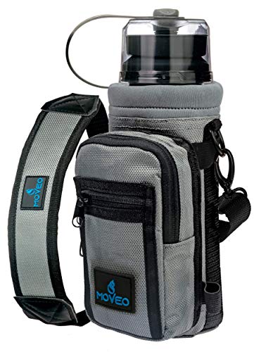 Moveo Water Bottle Holder/Carrier — Insulated w/Adjustable Shoulder Strap and Front Pockets - Comfortable Crossbody Water Bottle Holder - Water Bottle Sling Fits 16oz to 25oz Bottles