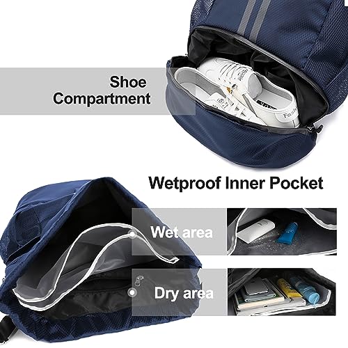 Hoedia Sports Drawstring Backpack - String Swim Gym Bag with Shoes Compartment and Wet Proof Pocket for Women/Men (Navy Blue)
