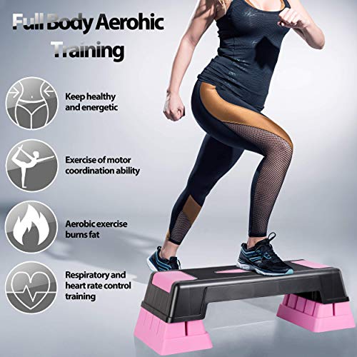 ANT MARCH 30" Aerobic Stepper for Exercise Step Up Exercise Platform with Removable Raisers Adjust 5"-7"-9"，Workout Stepper (PINK)