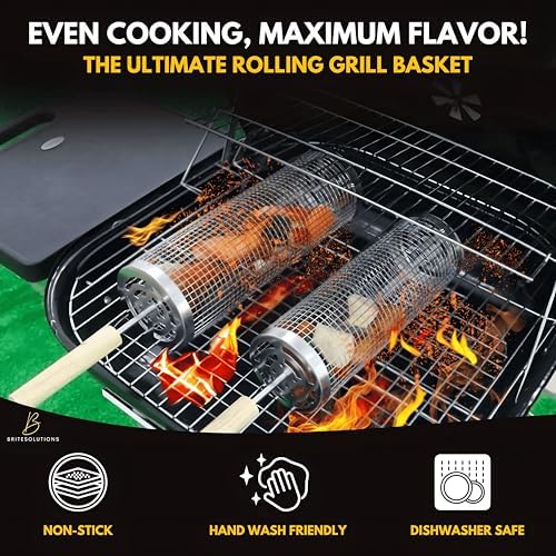 Lockable Nesting Grill Baskets for Outdoor Grill(2pcs) - Detachable Handle - Hinge Lock Lid - Heavy Duty Stainless Steel Rolling Grilling Basket - Vegetable Grill Basket - Perfect BBQ Gift & Accessory