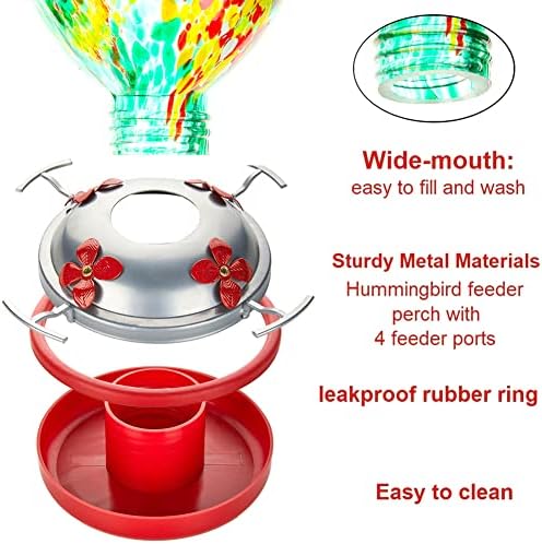 REZIPO Hummingbird Feeder with Perch - Hand Blown Glass - 38 Fluid Ounces Hummingbird Nectar Capacity Include Hanging Wires and Moat Hook (Green)