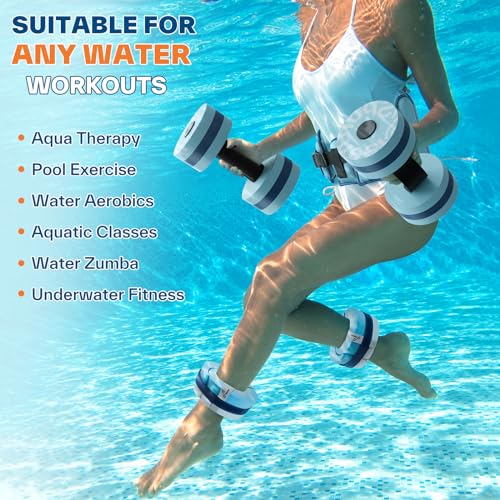 Sportneer Water Aerobics Pool Exercise Equipment Water Workout Combo Set includes High Density Water Dumbbell Aqua Belt Water Ankle Weights for Aquatic Therapy Pool Fitness Water Exercise