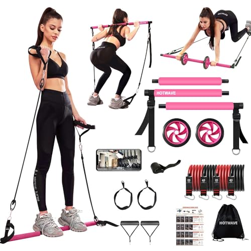HOTWAVE Pilates Bar Kit with Resistance Band Set, Exercise Bar with AB Roller,Yoga Stretching Equipment, Portable Home Gym