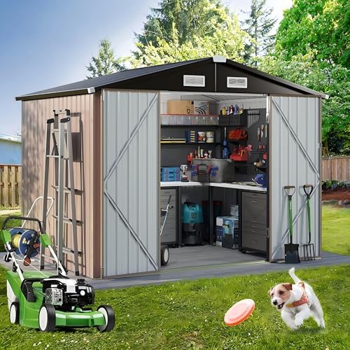 GVDV 8x6 FT Outdoor Metal Storage Shed, Durable Garden Shed with Updated Frame Structure for Backyard, Patio, Tool Storage, All-Weather Shelter for Bike, Gardening Tools(7.33'x5.28' Base, No Floor)