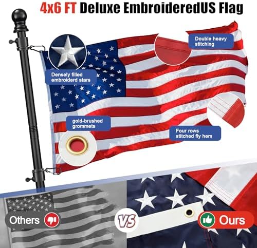 American Flag with Pole for Outside - 6FT Heavy Duty Tangle Free Flagpole Kit,4x6FT Embroidered Stars US Flag, 2 Position Metal Mounting Holder for House, Front Porch, Outdoor Patriotic Display