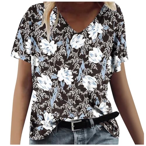 Ladies Tops and Blouses Clearance Under 10 Dollars Summer Tops for Women 2024 Short Sleeve V Neck T Shirts Trendy Vintage Printed Basic Tees Loose Comfy Blouses Casual Outfits