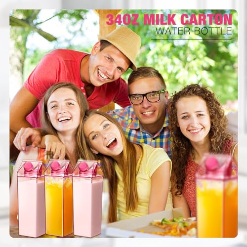 Remerry 3 Pcs 34oz Milk Carton Water Bottle Square Milk Bottle Plastic Coffee Milk Carton Bottle Portable Reusable Milk Carton Cup Leakproof Carton Shaped Juice Bottle (Pink)