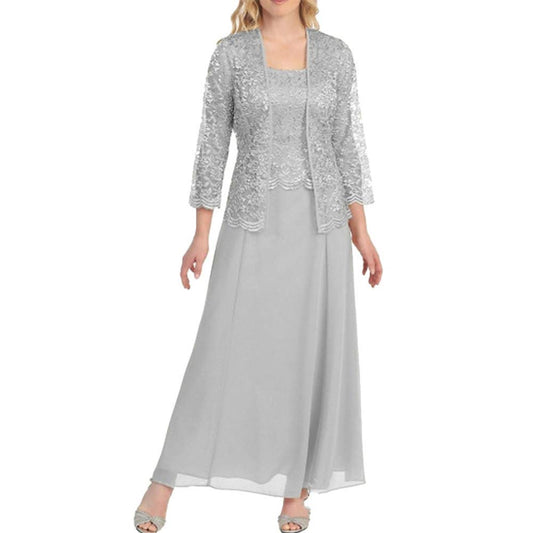 Aniywn Women Plus Size Two Piece Long Sleeve Party Dress Lace Solid Color Elegant Long Maxi Dress Mini Dress