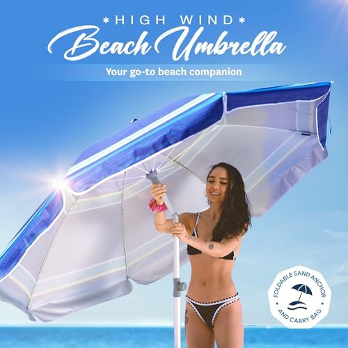 AMMSUN 7ft Heavy Duty High Wind Beach Umbrella with sand anchor, Built-in Table Tray Vent Tilt Pole, UPF 50+ Windproof Portable Outdoor Umbrellas Carry Bag for Patio Garden Pool Backyard stripe