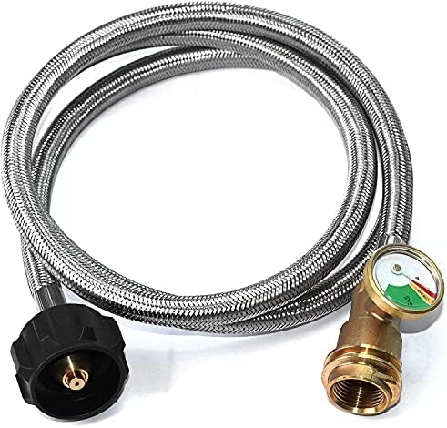 DOZYANT 5 Feet Propane Tank Extension Hose Braided with Gauge -Leak Detector Replacement for Gas Grill, Heater and All Other Propane Appliances, Acme to Male QCC/POL Fittings