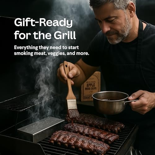 BBQ Smoker Box Kit – Stainless Steel Smoker with Hinged Lid, Apple Wood Chips, Hickory Salt – Grilling Accessories and Grilling Gifts for Men – Great Birthday Gifts for Men Who Love to BBQ