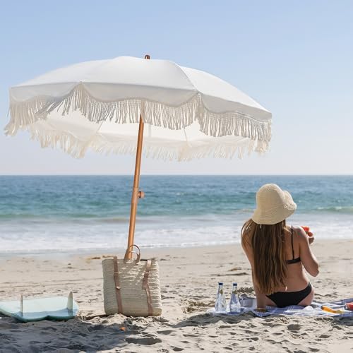 AMMSUN Boho Fringe Umbrella Outdoor Patio, 6.5ft UPF50+ Picnic Umbrella with Tassels with Steel Pole and Push Button Tilt, Antique White