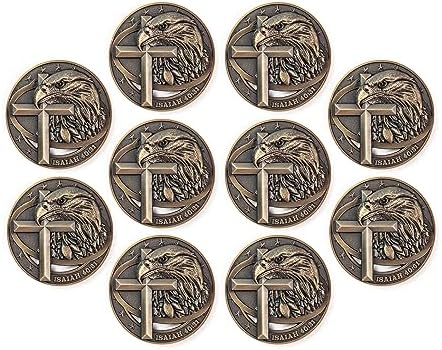 Antique Gold-Color Plated American Bald Eagle and Cross Christian Challenge Coin - Pack of 10 Bulk - Inspiring Strength and Faith - Great Gift for Men, Women, Boys, and Girls