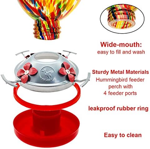 REZIPO Hummingbird Feeder with Perch - Hand Blown Glass - Colored - 38 Fluid Ounces Hummingbird Nectar Capacity Include Hanging Wires and Moat Hook