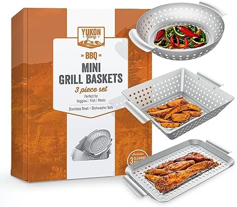 Grill Basket - Yukon Glory™ 3-Piece Mini Grilling Basket Set - Stainless Steel Perforated Grill Baskets for Grilling Veggies Seafood and Meats Includes Grill Pan - Square Basket and Circular Basket