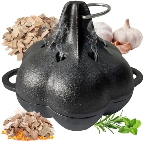 Cast Iron Smoker Roaster & Garlic Roster Baker, Smoker Box, Pre-Seasoned Cast Iron Garlic Roaster for Grill, Perfect for BBQ and Oven, for Smoky, Flavorful Vegetables, Meats or Wood Chips
