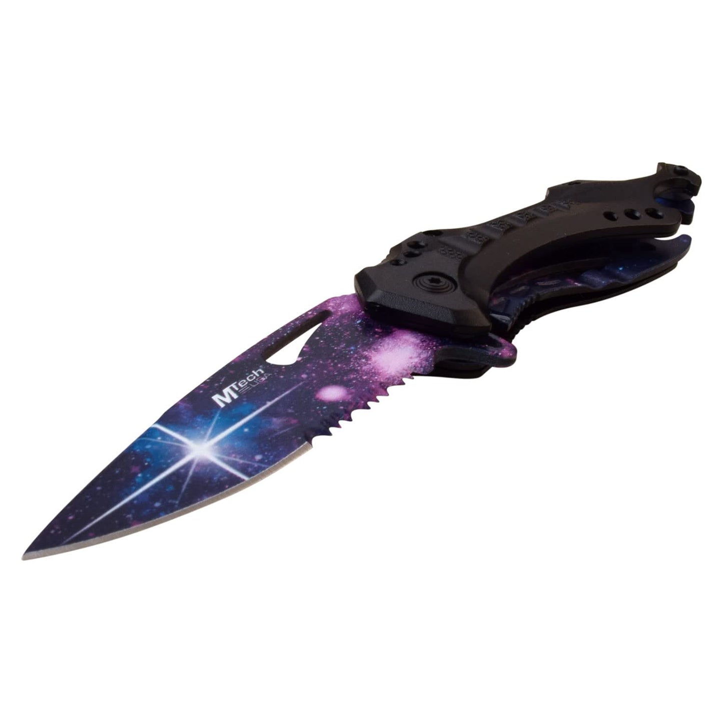 MTech USA – Folding Knife – Partially Serrated Stainless Steel Blade and Liner w/Printed Galaxy Design, Black Aluminum Handle, Screwdriver, Pocket Clip, EDC - MT-A705GLX