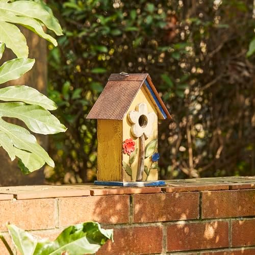 Glitzhome 10.2" H Hanging Bird House for Outdoor Patio Garden Decorative Birdhouse Pet Cottage Distressed Wooden Birdhouse, Yellow Flower
