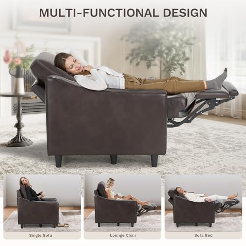 COLAMY Pushback Electric Recliner Chair, Premium Leather Upholstery with Adjustable Angles, Extra Lumbar Pillow, Built-in Charging Port, Business-Casual Style for Living Room（Brown