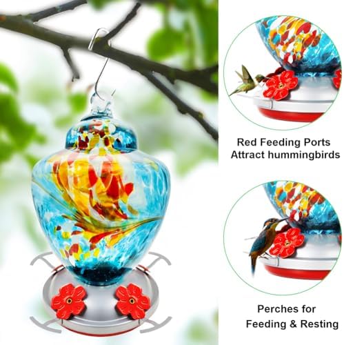 REZIPO Hummingbird Feeder with Perch - Hand Blown Glass - Blue - 38 Fluid Ounces Hummingbird Nectar Capacity Include Hanging Wires and Moat Hook