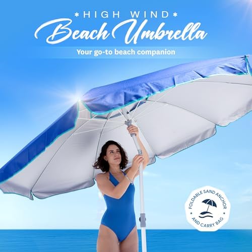 AMMSUN 7ft Heavy Duty High Wind Beach Umbrella with sand anchor, Built-in Table Tray Vent Tilt Pole, UPF 50+ Windproof Portable Outdoor Umbrellas Carry Bag for Patio Garden Pool Backyard Navy