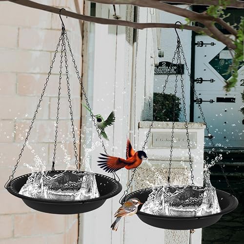 14 inch BirdBath Bowl Only with 25” Rust-Proof Black Chains, Bird Baths for Outdoors Heavy Duty, Hanging Birds Bath Hanging Bird-Feeder for Garden Backyard Decor (Black 2 Pack)