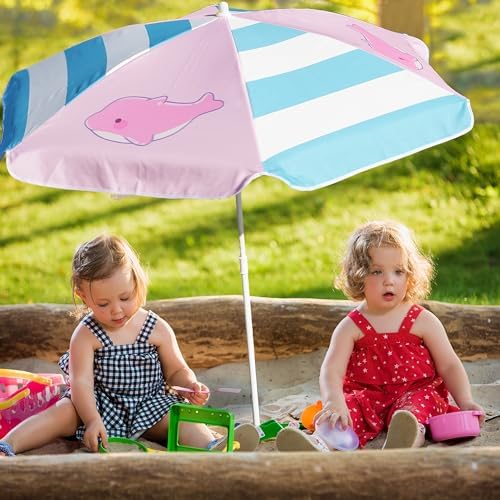AMMSUN 5ft Seaside Umbrella for Sand Box Water Table - Kids Durable Umbrellas for children Picnic Beach Camping Garden Outdoor Play Shade Pink Dolphin