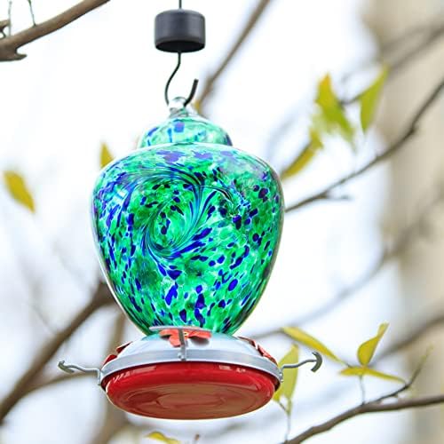 REZIPO Hummingbird Feeder with Perch - Hand Blown Glass - Green(Firework) - 38 Fluid Ounces Hummingbird Nectar Capacity Include Hanging Wires and Moat Hook, blue/Green