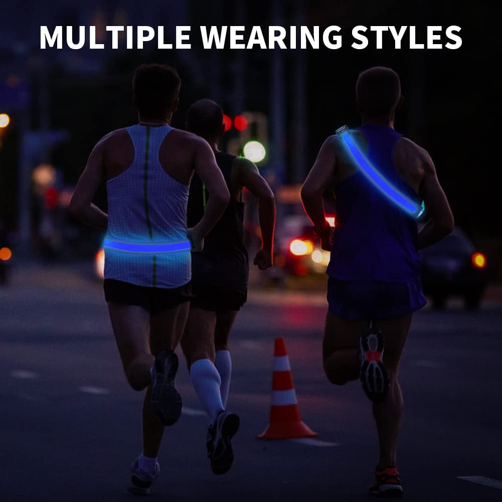 OLIKER LED Reflective Running Gear,High Visibility Reflective Belt Sash with Safety Light,USB Rechargeable Adjustable Size Night Reflective Accessories for Night Outdoor Sports Running Walking (Blue)