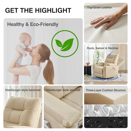AIRSKY Genuine Leather Recliner Chair, Swivel and Rocking, Italian Water-Washing Process, Nursery Glider Recliner, Glider Rocking Chair, Nursery Chair, Swivel Rocker Recliner, R2, Beige