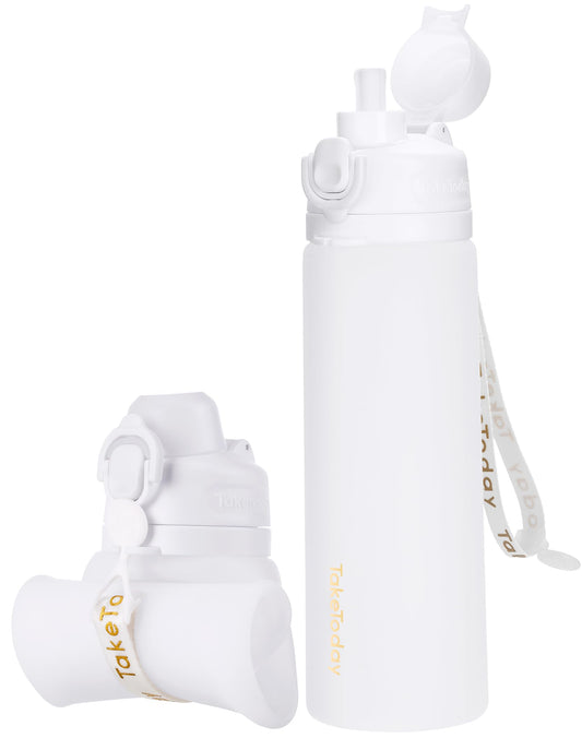 TakeToday Collapsible Water Bottles 20oz, Leak Proof, BPA-Free, Foldable Silicone Travel Water Bottle with Straw Strap for Cycling, Hiking, Outdoors (Cloud)