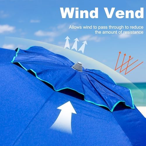 AMMSUN 7ft Heavy Duty HIGH Wind Beach Umbrella with sand anchor & Tilt pole Sun Shelter, UV 50+ Protection Outdoor Sunshade Umbrella with Carry Bag for Patio Garden Beach Pool Backyard Blue