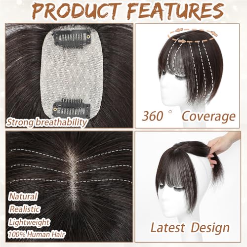 Amchoice Hair Toppers for Women Real Human Hair, Clip 360° 3D Cover, Human Toppers for Women Daily (Dark Brown, 3D Wispy Bangs (5 * 9))