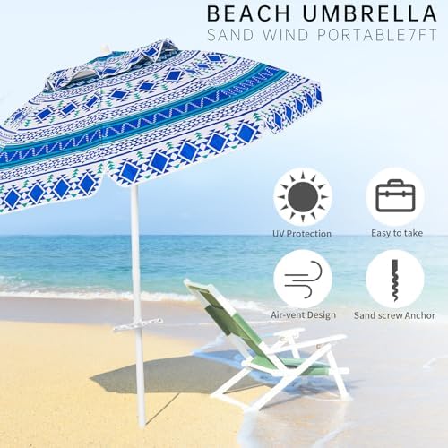 Aoxun Beach Umbrella with Tilt Pole, Portable Sand Anchor and Carry Bag, UPF 50+ Sun Shelter Air Vents Design for Outdoor Activities (Blue), 6.5ft