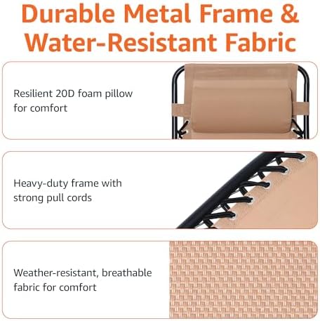 Amazon Basics Outdoor Patio Mesh Adjustable Zero Gravity Lounge Chair Recliners set of 2 with Side Table, 35 x 26 x 43 inches, Beige
