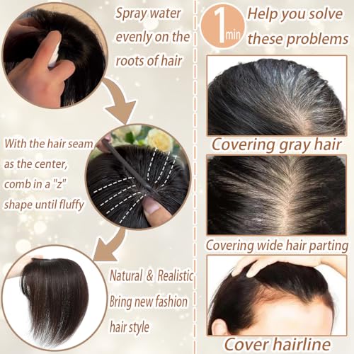 Amchoice Hair Toppers for Women Real Human Hair, Clip 360° 3D Cover, Human Toppers for Women Daily (Dark Brown, 3D Wispy Bangs (5 * 9))