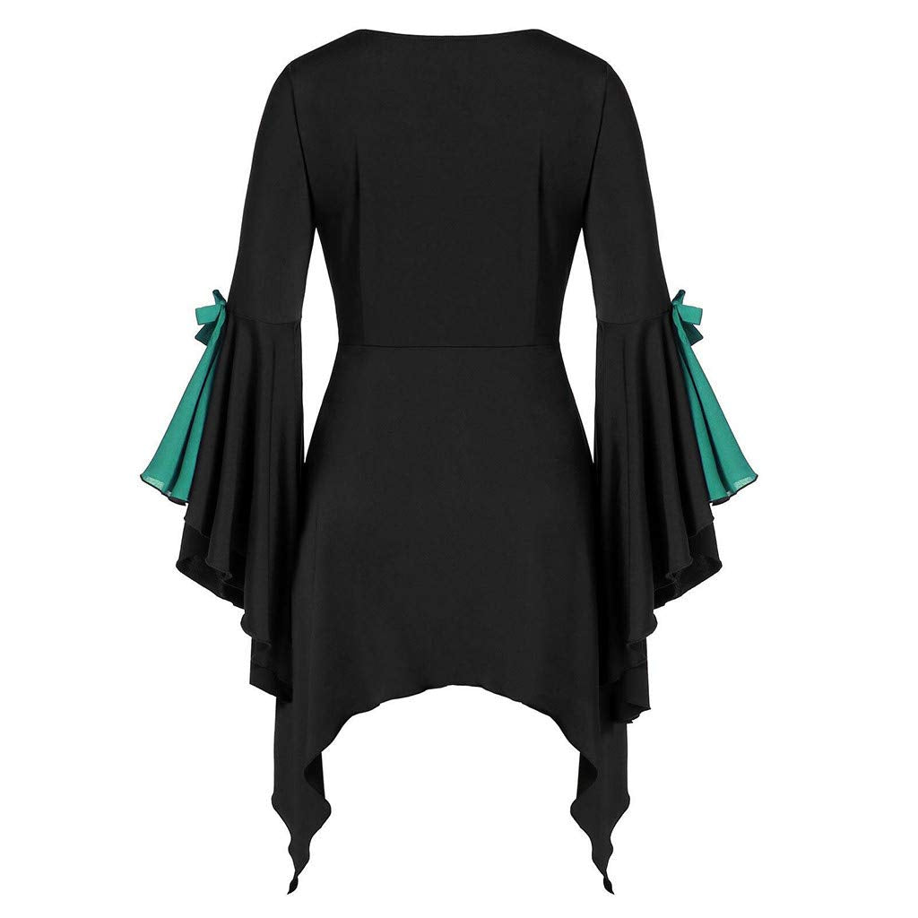 Aniywn Plus Size Womens Halloween Tops, Flare Long Sleeve Sequined Lace Up Gothic Costume Tunic Tee Shirt Green
