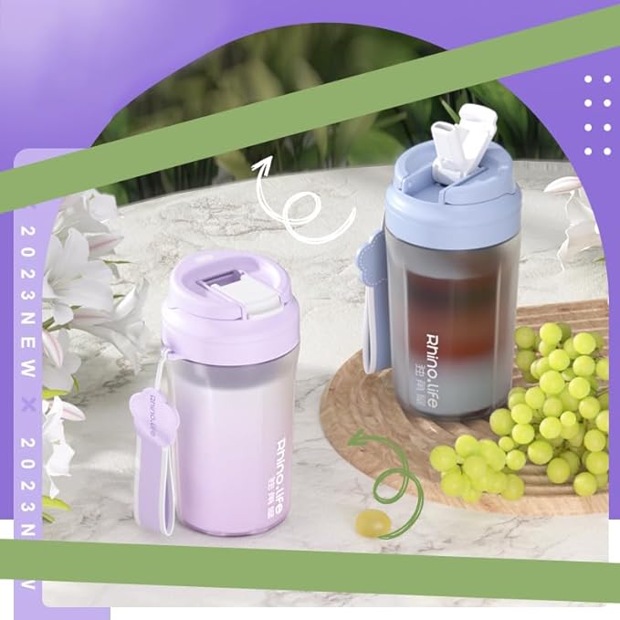 RhinoLife Premium Quality Motivational Pink Small Tiny Water Bottle with Double Drink Straw Lid, Shaker Gym Sports, BPA Free Tritan Plastic 18OZ (Fluorite Pink)