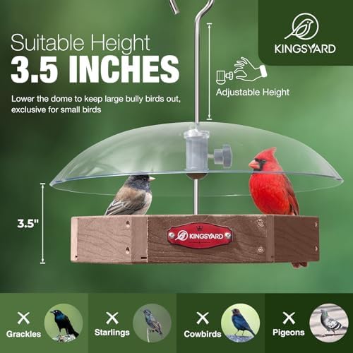 Kingsyard Platform Bird Feeder for Outdoor Hanging - Rugged Recycled Plastic Wild Bird Feeding Station with Adjustable Dome & Metal Mesh Tray, Brown