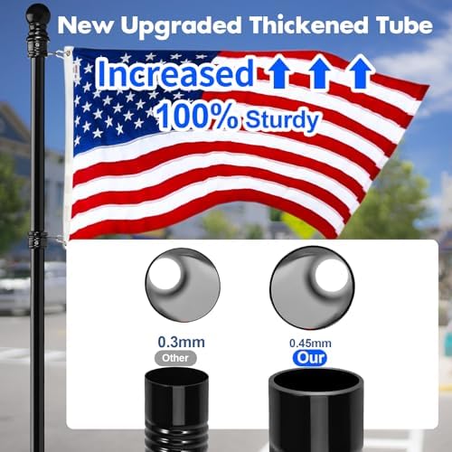 Anovo Flag Pole Kit- Stainless Steel 5 FT Flag Poles with1 Inch Metal 360° Rotating Flag Pole Rings Clip, Two-Position Flag Pole Holder Brackets Mounting for Outside House Outdoor Porch (5 FT - Black)