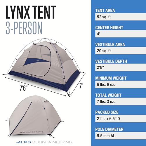 ALPS Mountaineering Lynx 3-Person Tent/Camping Tent, Easy Setup Durable, Weather-Resistant Design, Spacious & Ventilated/Lightweight with Gear Storage
