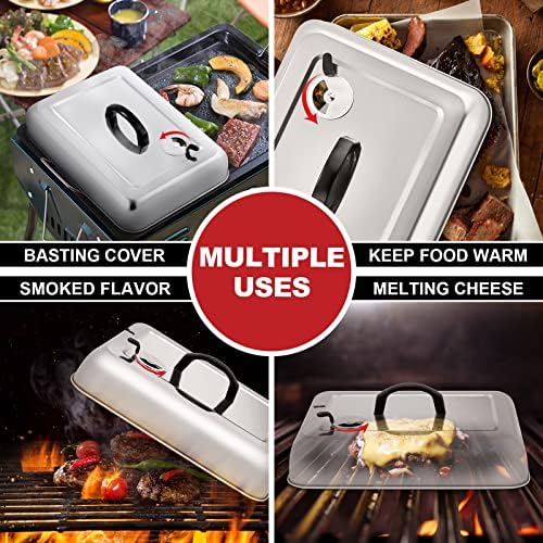 13 x 9.75Inch Cheese Melting Domes, HaSteeL Rectangular Basting Steam Cover with Adjustable Vent, Heavy Duty Stainless Steel Grill Lid for Flat Top Griddle Outdoor & Indoor, Dishwasher Safe(2-Pack)
